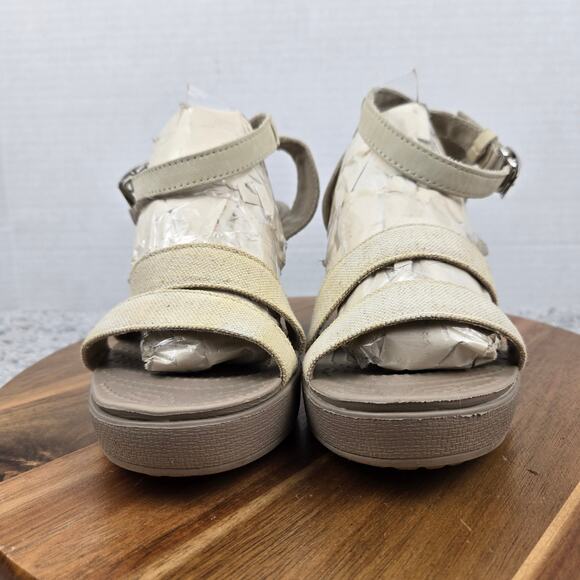 Crocs Leigh II Beige Canvas Leather Ankle Strap Casual Wedge Sandal Womens 9 - Picture 5 of 14